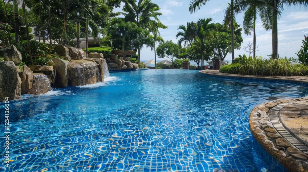 Fototapeta premium Image of a swimming pool with waterfall, ideal for advertising resorts, hotels and spas as well as travel brochures.