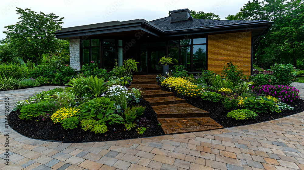 Obraz premium Modern home landscaping, stone pathway, garden