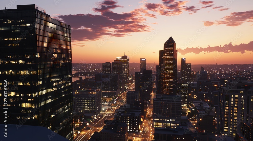 Fototapeta premium City skyline at dusk with glowing skyscrapers reflecting on a calm river, urban glowtime, serene and modern