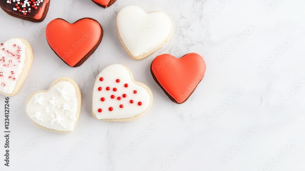 Obraz premium Heart shaped cookies arranged neatly on a marble surface for a sweet treat display