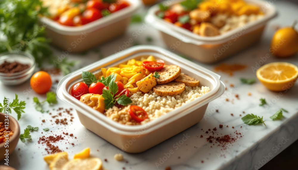Healthy vegan meal with couscous, chickpeas, and fresh vegetables in a bowl Healthy vegan meal with couscous, chickpeas, and fresh vegetables in a bowl