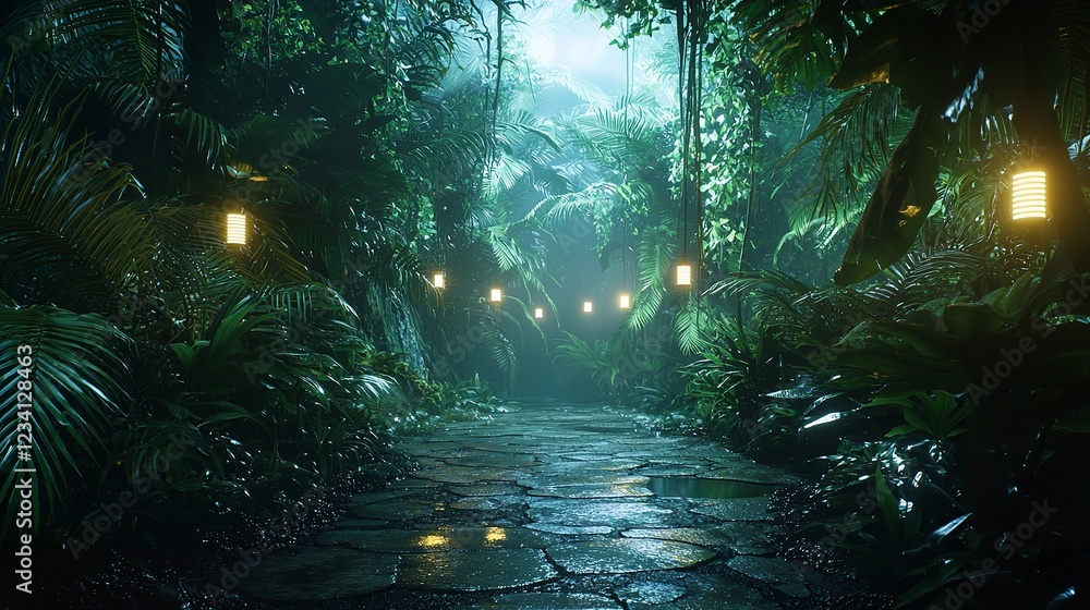 Obraz premium Neon-lit Stream in a Tropical Jungle with Cityscape in the Distance