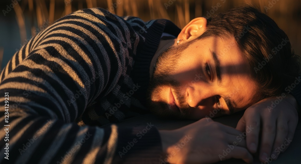Young hispanic male resting outdoors in warm sunset light Young hispanic male resting outdoors in warm sunset light