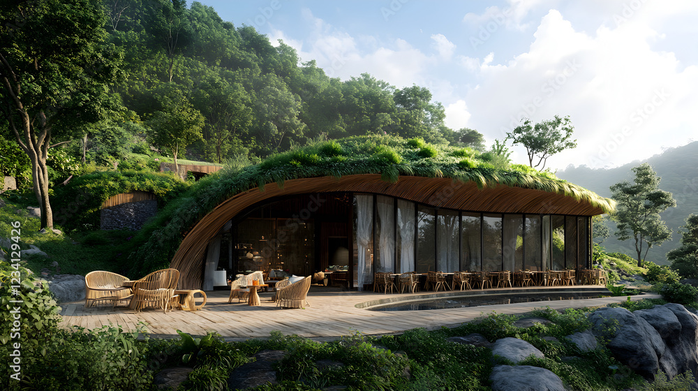 Fototapeta premium cafe with an eco-friendly design, featuring bamboo furniture and a lush green roof blending into nature 