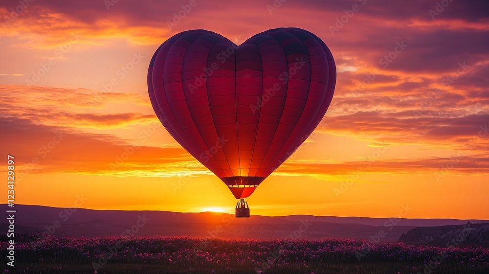 Obraz premium Heart shaped hot air balloon flying at sunset over cappadocia