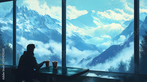 traveler sitting by a mountain cafe window, sipping coffee while gazing at the vast landscape outside  photo