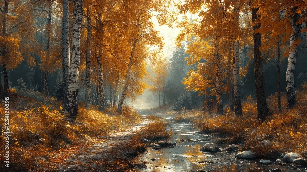 Obraz premium Autumnal Stream: Golden Birch Forest Path