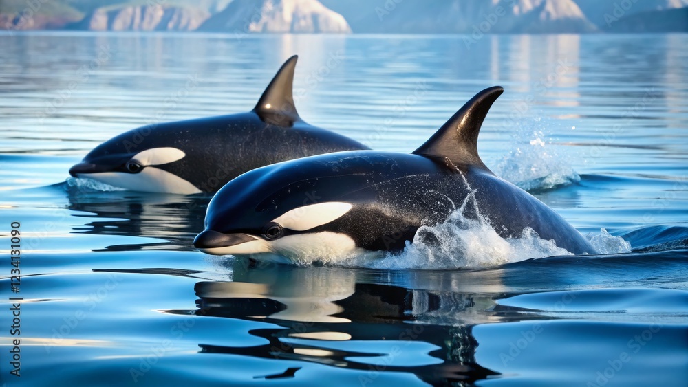 Fototapeta premium Two Orcas Swimming Gracefully in Calm Ocean Waters with Mountains