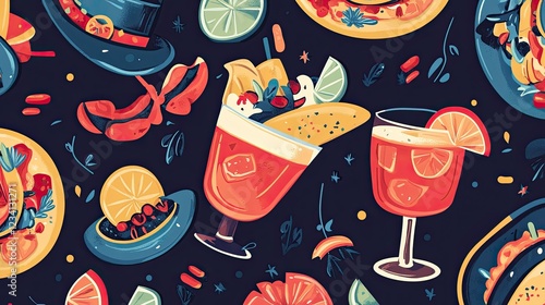 Festive taco pattern with margaritas, sombreros, and traditional Mexican spices in a bright color palette. photo