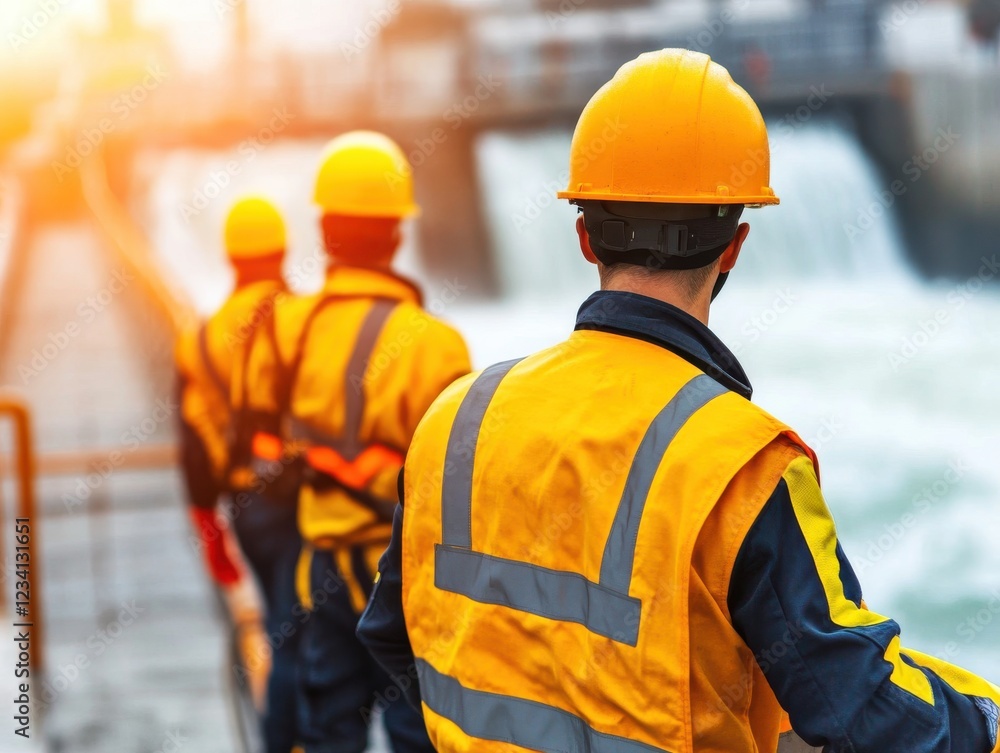 Workers in safety gear observe a water flow, highlighting teamwork and safety in an industrial setting.
