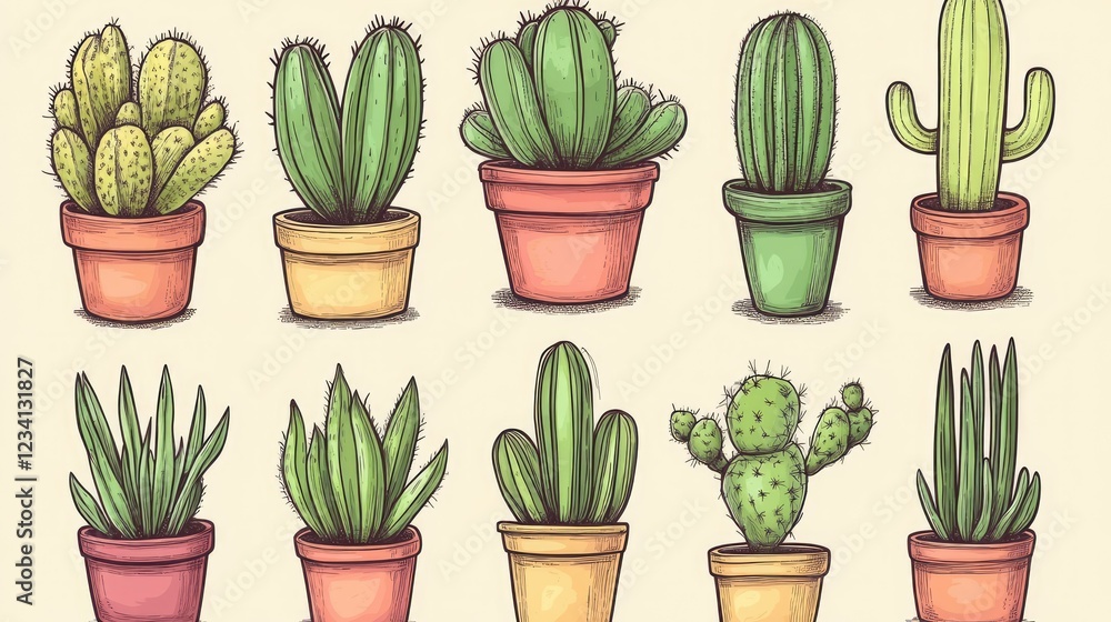 Hand-drawn seamless pattern of various cacti in pots, featuring desert plants in pastel colors. Hand-drawn seamless pattern of various cacti in pots, featuring desert plants in pastel colors.