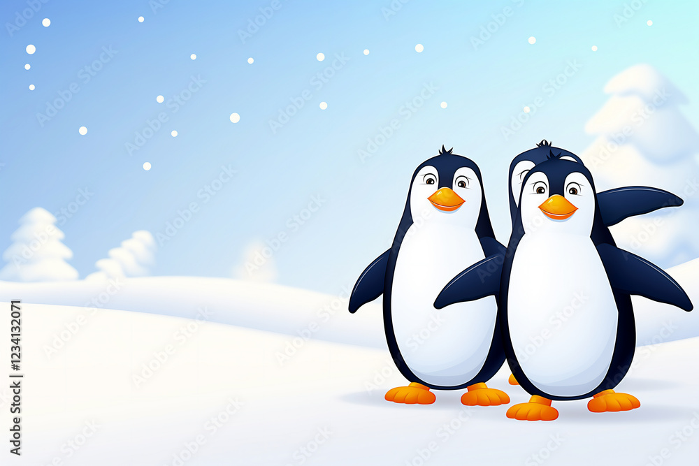 Obraz premium Cute penguins standing side by side on snowy ground with a clear blue sky and snow-covered trees in the background. Copy space 