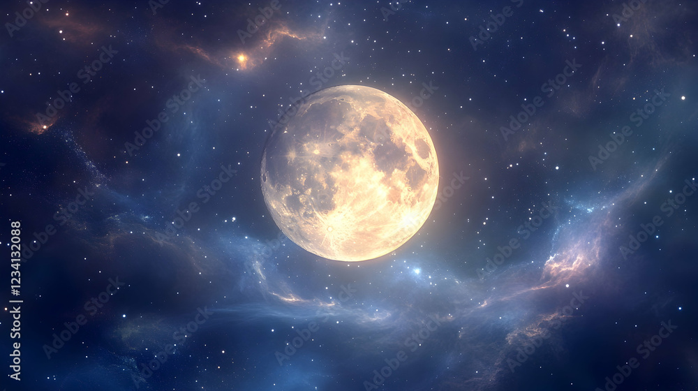 Majestic full moon illuminating the night sky filled with stars amidst cosmic clouds