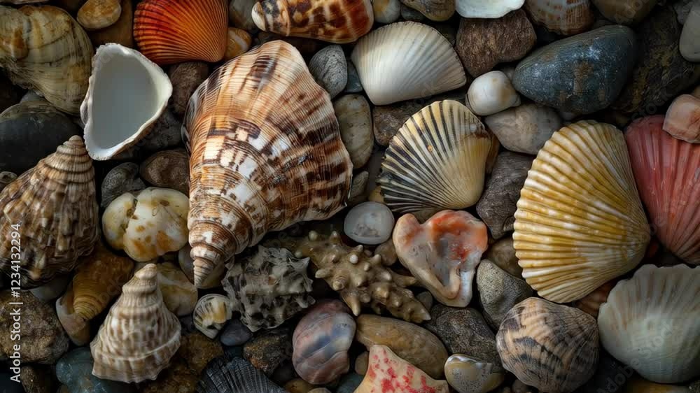 Vibrant seashells shifting amid oceanic pebbles in dynamic sequence Vibrant seashells shifting amid oceanic pebbles in dynamic sequence