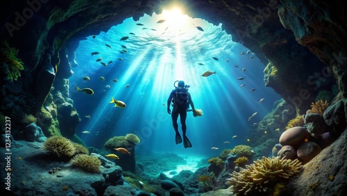 Wallpaper Mural Diver Swimming Through a Vibrant Underwater Cave Landscape Torontodigital.ca