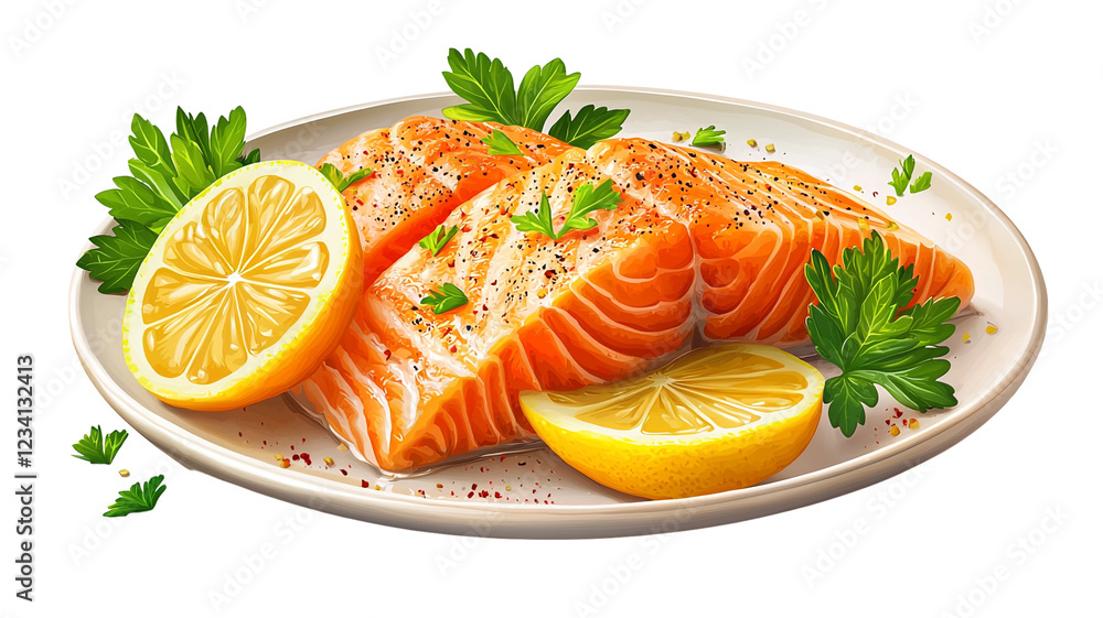 Delicious Baked Salmon Fillet with Lemon and Parsley Garnish on a Plate Delicious Baked Salmon Fillet with Lemon and Parsley Garnish on a Plate
