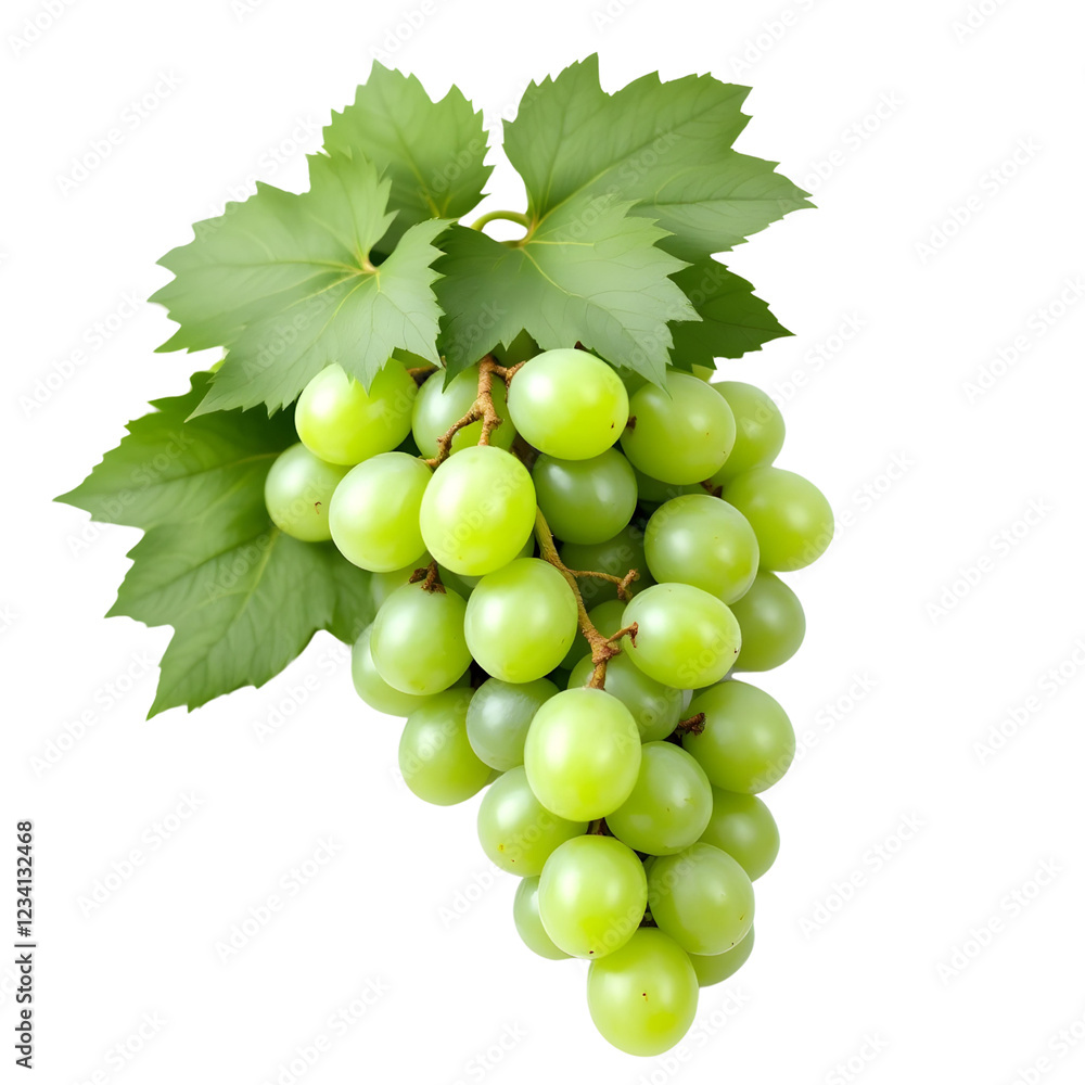 Obraz premium A bunch of green grapes with leaves on a transparent background