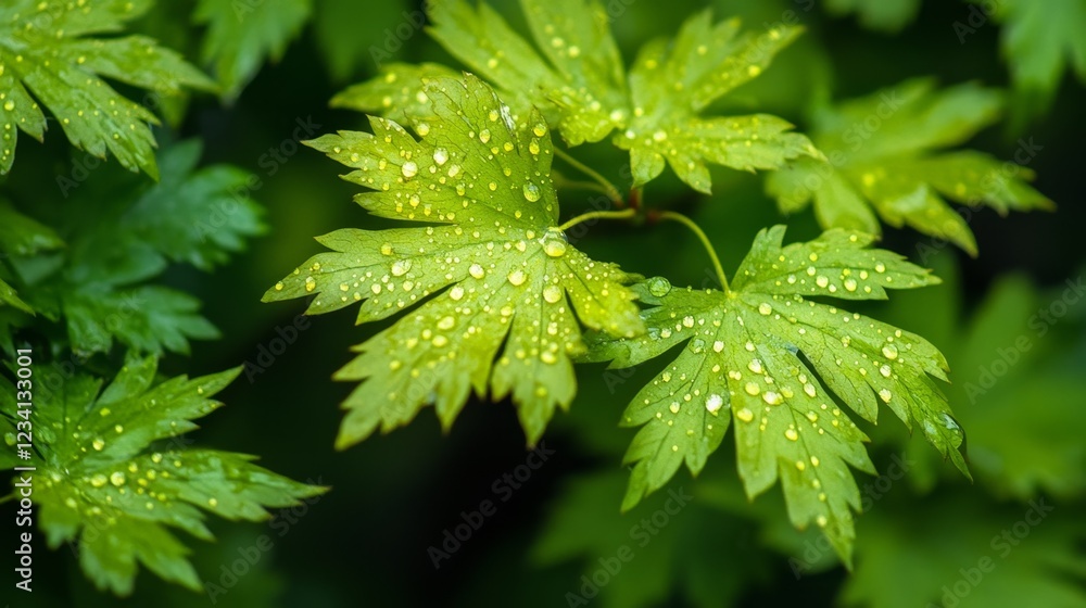 Close-Up of Fresh Raindrops on New Green Leaves Glistening Close-Up of Fresh Raindrops on New Green Leaves Glistening
