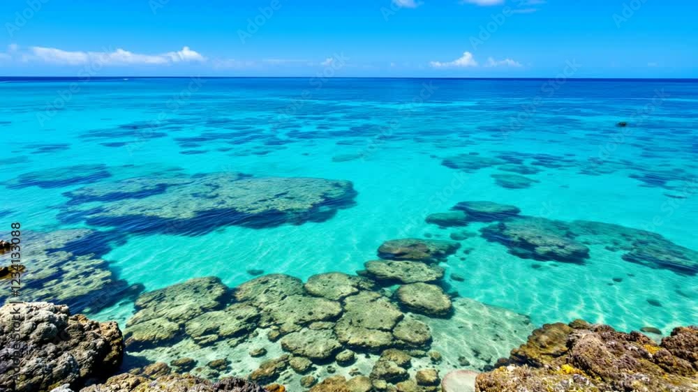 Clear turquoise ocean shallows, rocky shore, sunny sky, idyllic beach scene, travel brochure Clear turquoise ocean shallows, rocky shore, sunny sky, idyllic beach scene, travel brochure