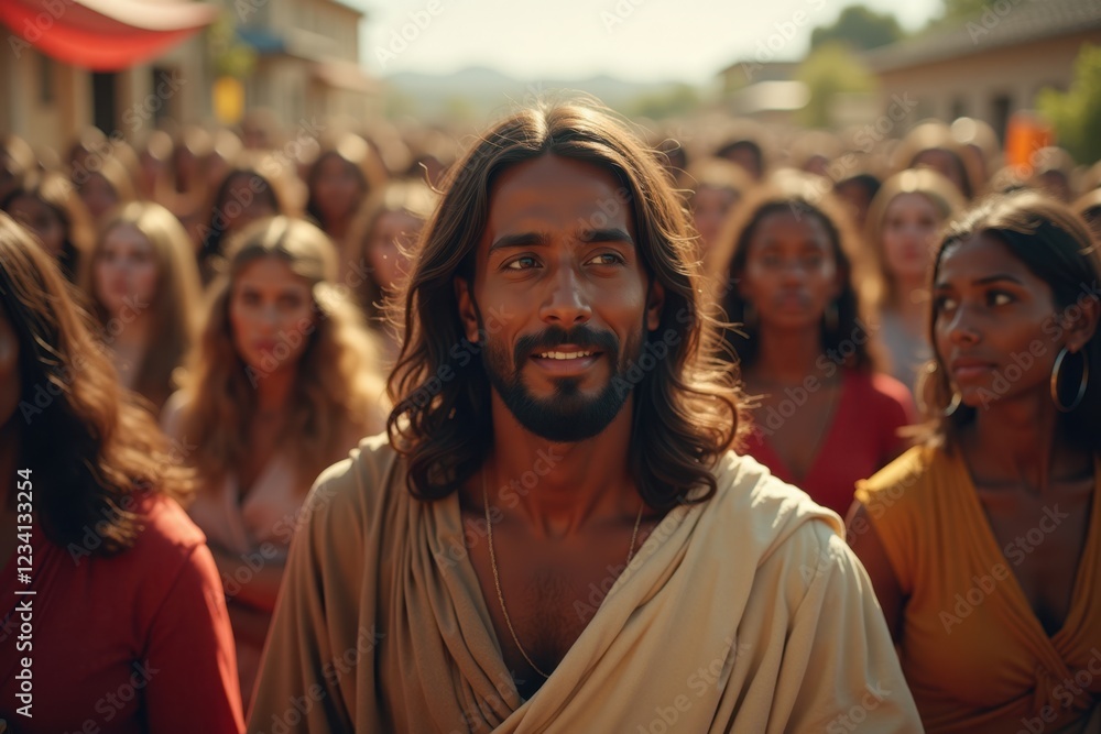 Jesus with dark skin is depicted with kind eyes, surrounded by a diverse group of people in a lively outdoor celebration Jesus with dark skin is depicted with kind eyes, surrounded by a diverse group of people in a lively outdoor celebration