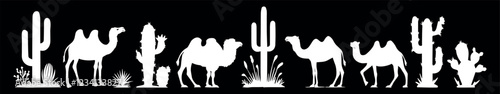 animals and plants of the desert vector white silhouette on a black background. black and white drawing of camels and cacti vector silhouette
