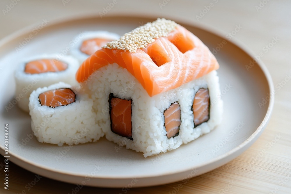 Creative Sushi Arrangement Resembles House on Plate with Salmon Creative Sushi Arrangement Resembles House on Plate with Salmon