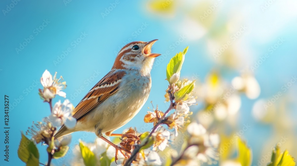 Lively Bird Perched on Flowering Plant Chirping Under Clear Sky Lively Bird Perched on Flowering Plant Chirping Under Clear Sky
