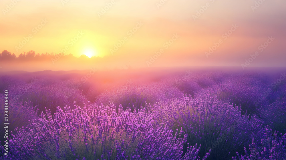 Lavender fields under a vibrant sunrise create a serene landscape filled with color and tranquility Lavender fields under a vibrant sunrise create a serene landscape filled with color and tranquility