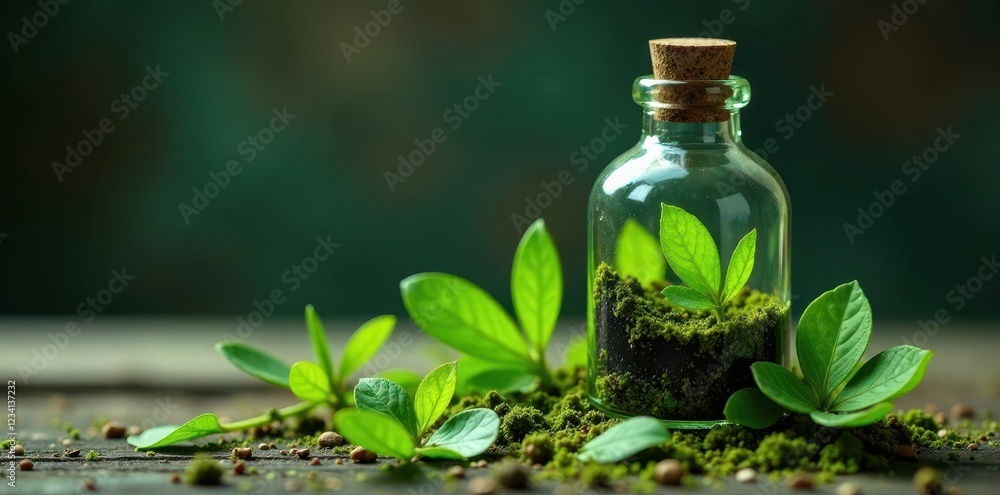 lush greenery emerges from the apothecary bottle's shards, herbalism, apothecary lush greenery emerges from the apothecary bottle's shards, herbalism, apothecary