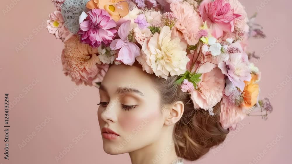Elegant floral headpiece display on woman in profile view with subtle movements Elegant floral headpiece display on woman in profile view with subtle movements