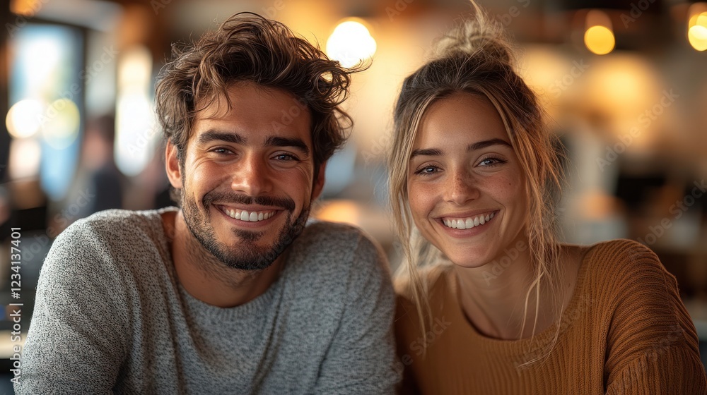 A young, smiling couple working together in an office, enjoying their teamwork A young, smiling couple working together in an office, enjoying their teamwork