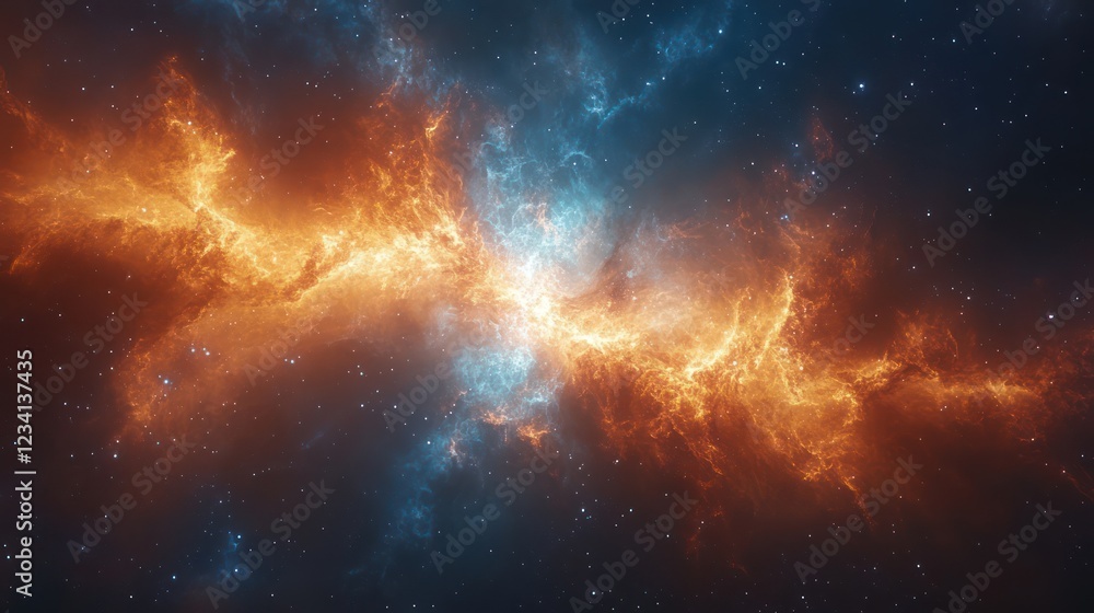 Fototapeta premium Cosmic Collision: A Fiery Celestial Dance of Orange and Blue Nebulae