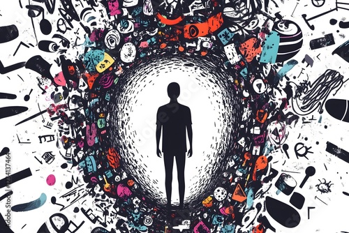 OCD and the Spiral of Thought –A glowing figure trapped in repeating symbols and patterns. Mental health issues .