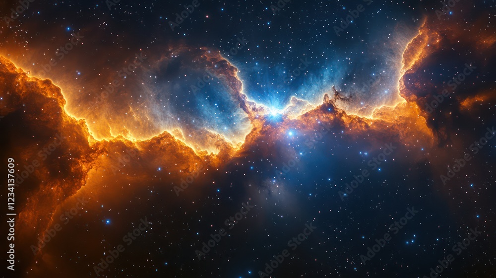 Fototapeta premium Cosmic Nebula: Fiery Orange and Azure Hues in Deep Space