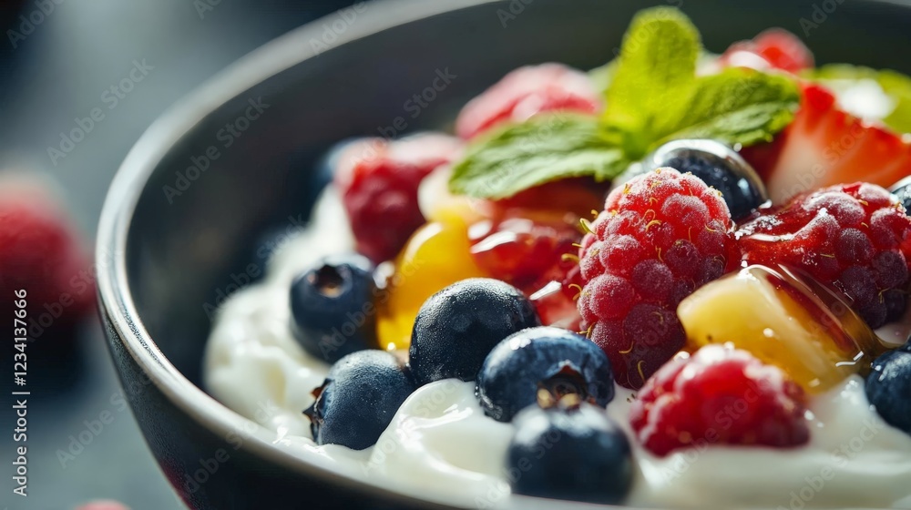 A close-up of a bowl of fresh berries with yogurt and honey A close-up of a bowl of fresh berries with yogurt and honey