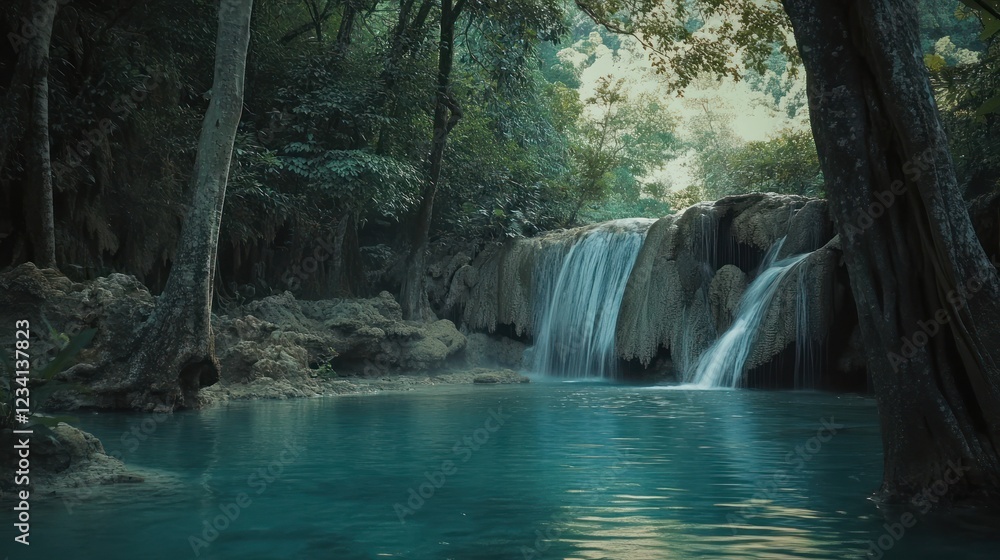 Naklejka premium Serene Waterfall in Lush Jungle Pool