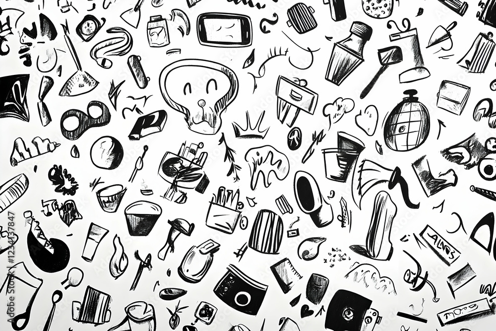 Creative expression through a diverse collection of black and white doodles depicting various objects and symbols of life Creative expression through a diverse collection of black and white doodles depicting various objects and symbols of life