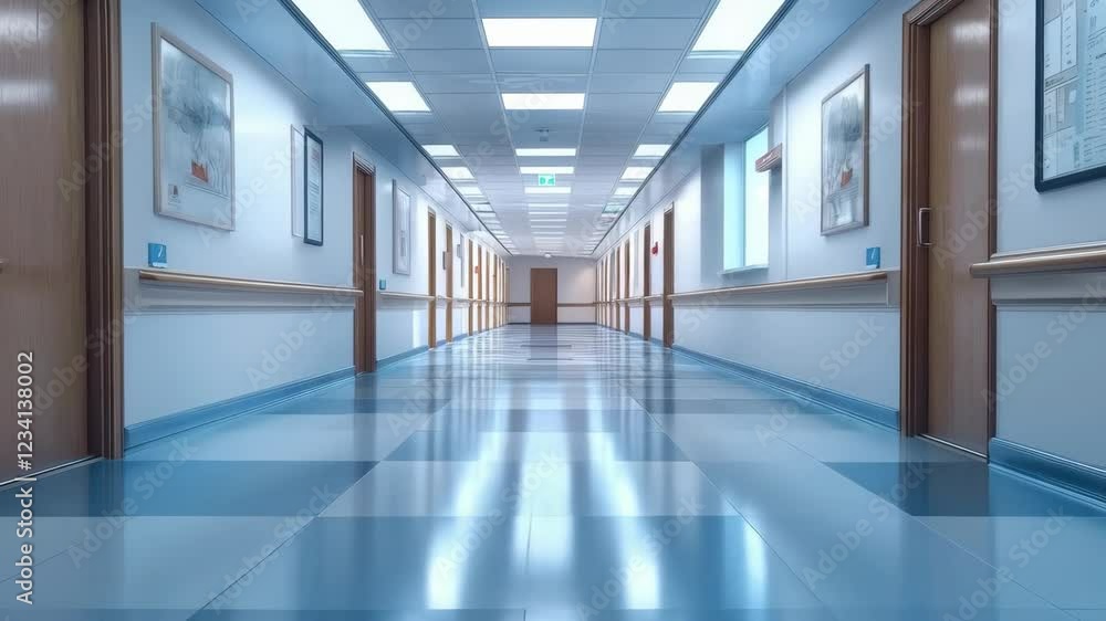 Illuminated hospital corridor with reflective flooring in motion sequence Illuminated hospital corridor with reflective flooring in motion sequence