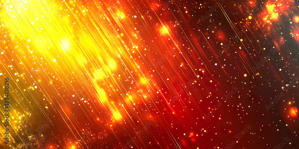 Obraz premium Bright background with golden and red light sparkles, particle effects, and diagonal lines. Generated with AI.