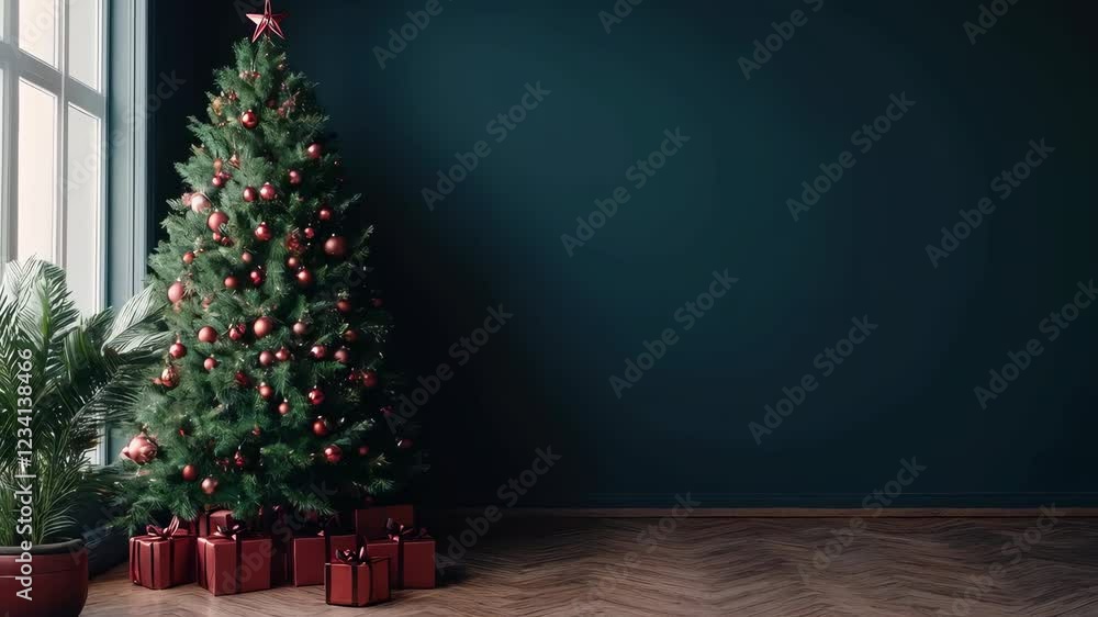 Festive christmas tree decorated with lights and presents by a sunlit window in cozy living room Festive christmas tree decorated with lights and presents by a sunlit window in cozy living room