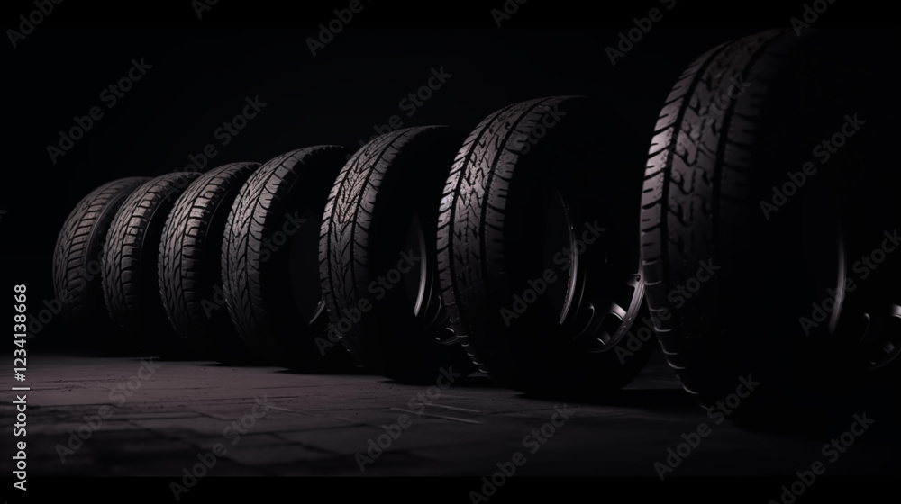 Obraz premium A row of modern black tires arranged neatly on a dark surface, emphasizing their sleek design and texture