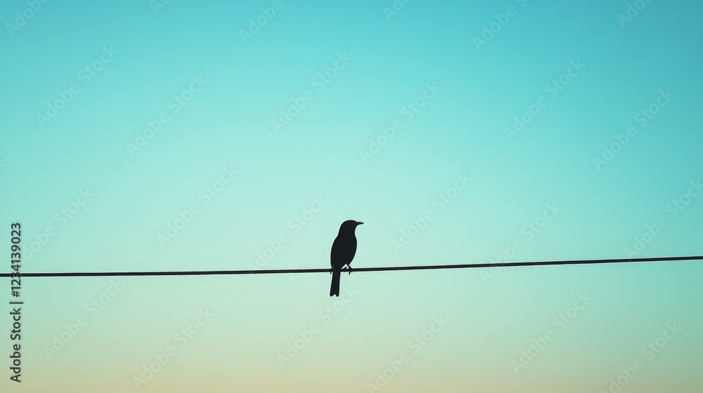 Silhouette of a Bird Perched on a Power Line at Sunset Silhouette of a Bird Perched on a Power Line at Sunset