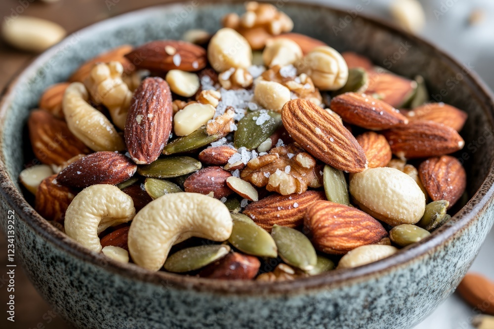 A close-up of a bowl of roasted nuts and seeds with a sprinkle of sea salt A close-up of a bowl of roasted nuts and seeds with a sprinkle of sea salt
