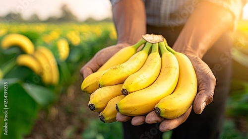 Freshly Harvested Bananas in Hands Against Lush Green Background