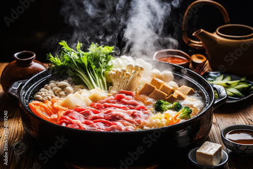 Communal hot pot setup for shabu-shabu with fresh ingredients and steaming broth on a wooden table photo