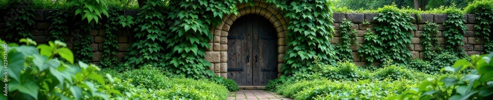 Overgrown vines covering an ancient stone gate, doorway, gateway, overgrown Overgrown vines covering an ancient stone gate, doorway, gateway, overgrown