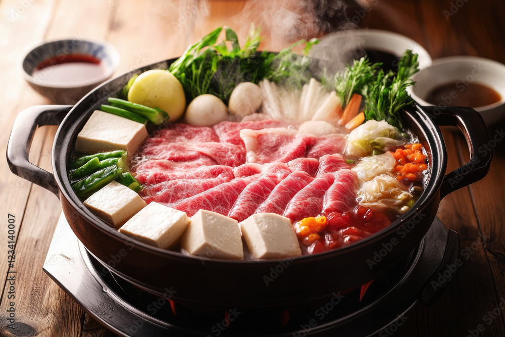 Delicious shabu-shabu setup featuring thinly sliced beef, vegetables, and tofu in a steaming hot pot on a wooden dining table Delicious shabu-shabu setup featuring thinly sliced beef, vegetables, and tofu in a steaming hot pot on a wooden dining table