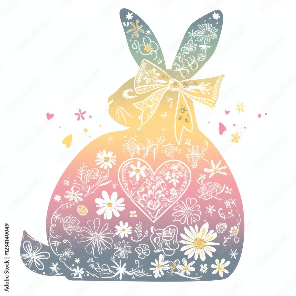 Naklejka premium A joyful and ornate floral bunny with a bright, rainbow-hued gradient, combining folk art and modern elegance for Easter decorations and creative projects.