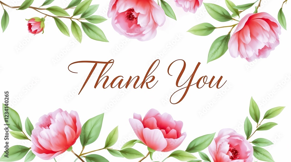 Thank you card with a beautiful floral arrangement with pink peonies and a sincere thank you message in the center of the arrangement. Generative ai Thank you card with a beautiful floral arrangement with pink peonies and a sincere thank you message in the center of the arrangement. Generative ai