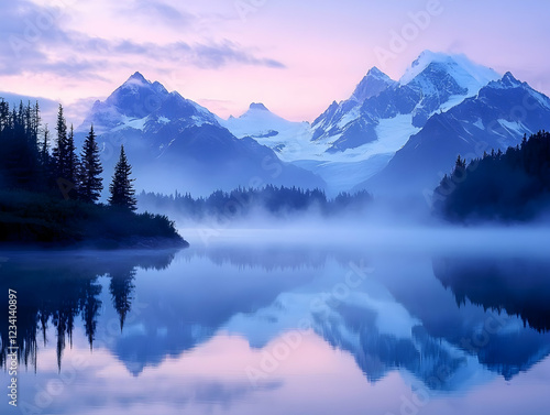 Majestic mountains reflecting in serene lake at dawn, illuminating the beauty of nature